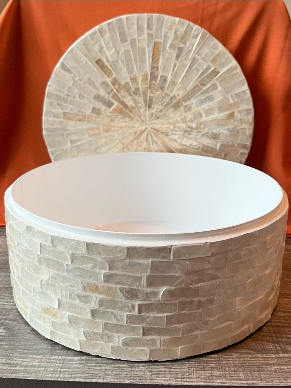 Round Mother of Pearl Shell Mosaic Decorative Box Cream and Pearl 9.75”x4.75”